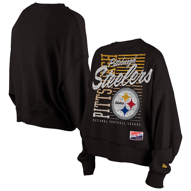 Women's New Era Black Pittsburgh Steelers Oversized Throwback Mineral Wash Crew Neck Sweatshirt