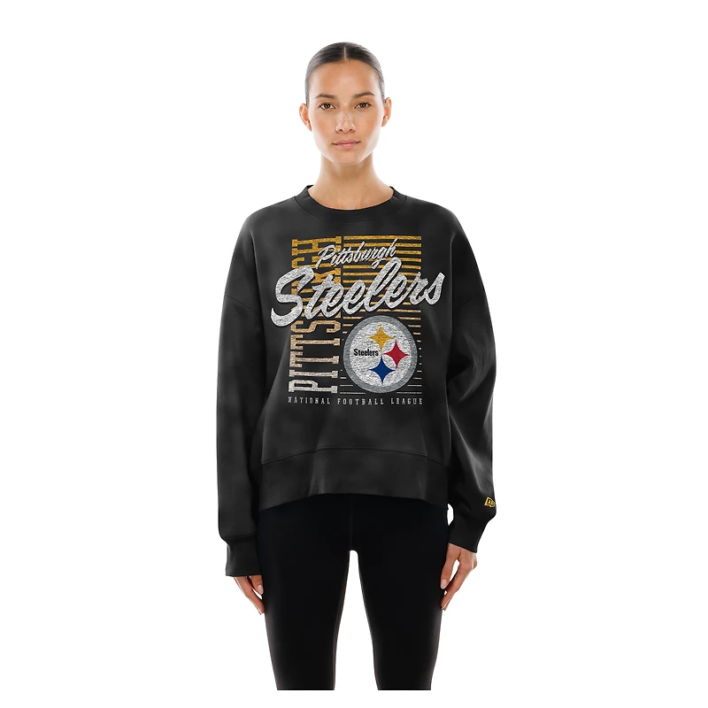 Women's New Era Black Pittsburgh Steelers Oversized Throwback Mineral Wash Crew Neck Sweatshirt