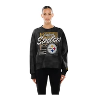 Women's New Era Black Pittsburgh Steelers Oversized Throwback Mineral Wash Crew Neck Sweatshirt
