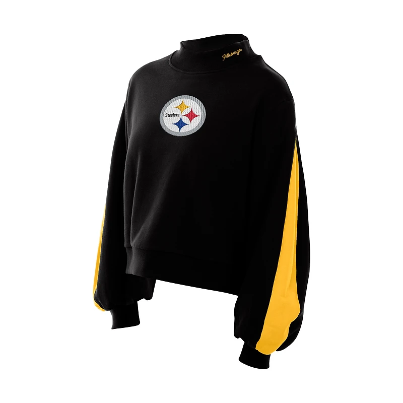 Women's New Era Black Pittsburgh Steelers Sport Night Mock Neck Balloon Sleeve Pullover Sweatshirt