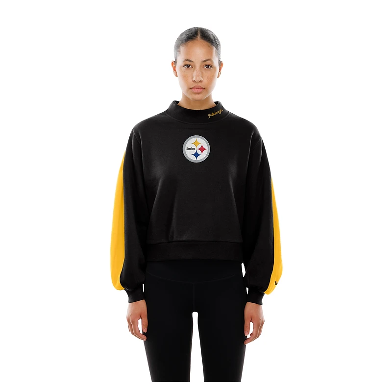 Women's New Era Black Pittsburgh Steelers Sport Night Mock Neck Balloon Sleeve Pullover Sweatshirt