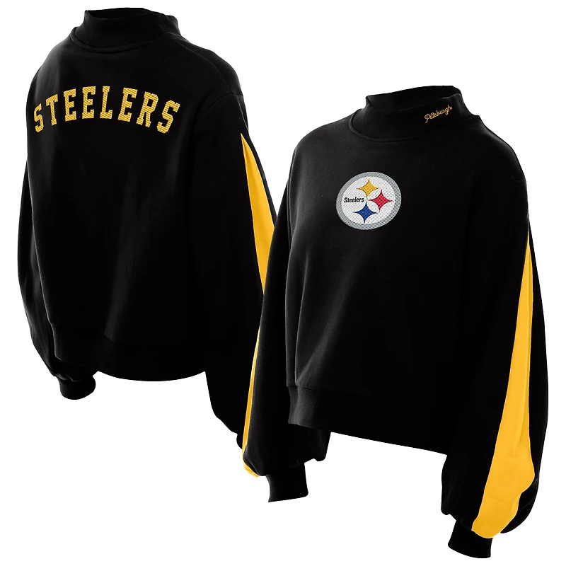 Women's New Era Black Pittsburgh Steelers Sport Night Mock Neck Balloon Sleeve Pullover Sweatshirt