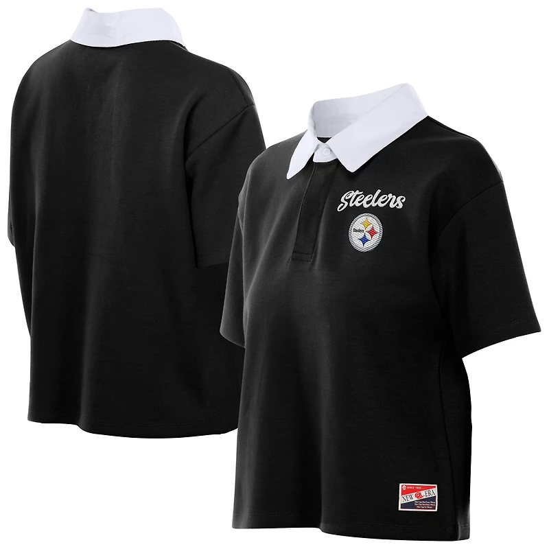 Polo court noir New Era pour femme, coupe carrée et rétro, des Steelers de Pittsburgh