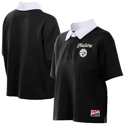 Women's New Era Black Pittsburgh Steelers Throwback Boxy Cropped Polo