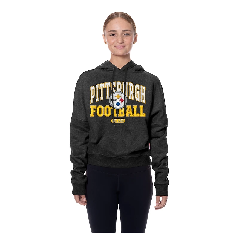 Women's New Era Black Pittsburgh Steelers Throwback Boxy Hoodie Sweatshirt