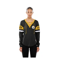 T-shirt à manches longues rétro Pittsburgh Steelers noir New Era pour femme