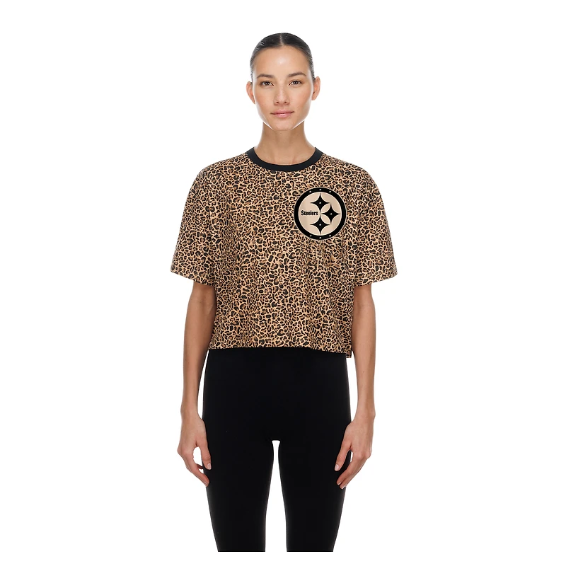 Women's New Era  Brown Pittsburgh Steelers Mom & Me Leopard Boxy Cropped T-Shirt