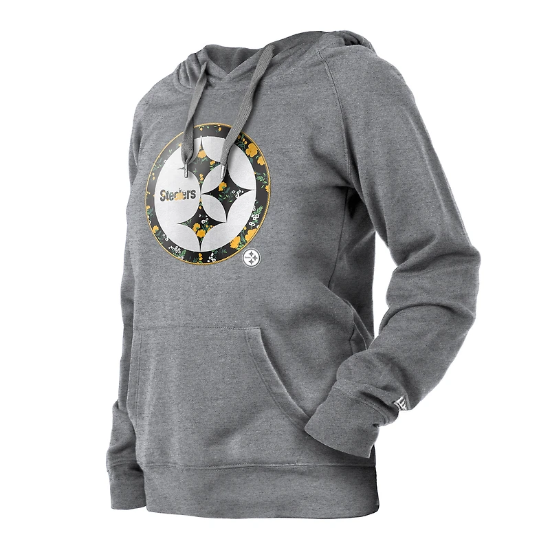 Sweat à capuche raglan floral New Era pour femmes, gris, Pittsburgh Steelers