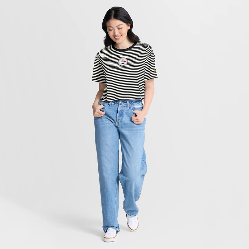 Women's Nike Black/Cream Pittsburgh Steelers Striped Cropped T-Shirt