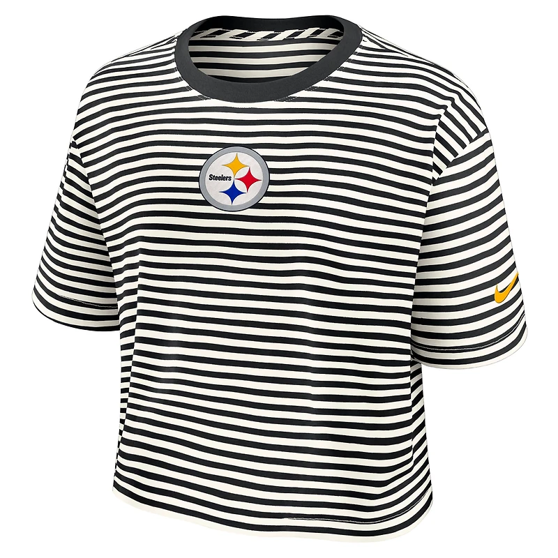 T-shirt court rayé noir et crème Nike Pittsburgh Steelers pour femme