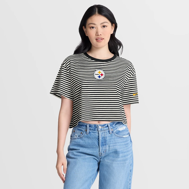 T-shirt court rayé noir et crème Nike Pittsburgh Steelers pour femme