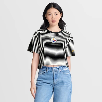 Women's Nike Black/Cream Pittsburgh Steelers Striped Cropped T-Shirt