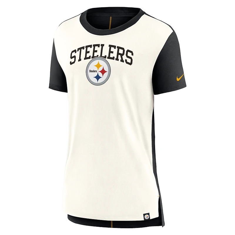 T-shirt à trois mélanges Nike pour femmes, crème/noir, Pittsburgh Steelers, Wordmark