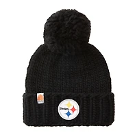 Bonnet en laine mérinos à bords tricotés à la main pour femmes Sh*t That I Knit Black Pittsburgh Steelers avec pompon en fil