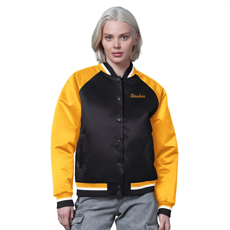 Women's Starter Black/Gold Pittsburgh Steelers Satin Full-Snap Vintage Varsity Jacket