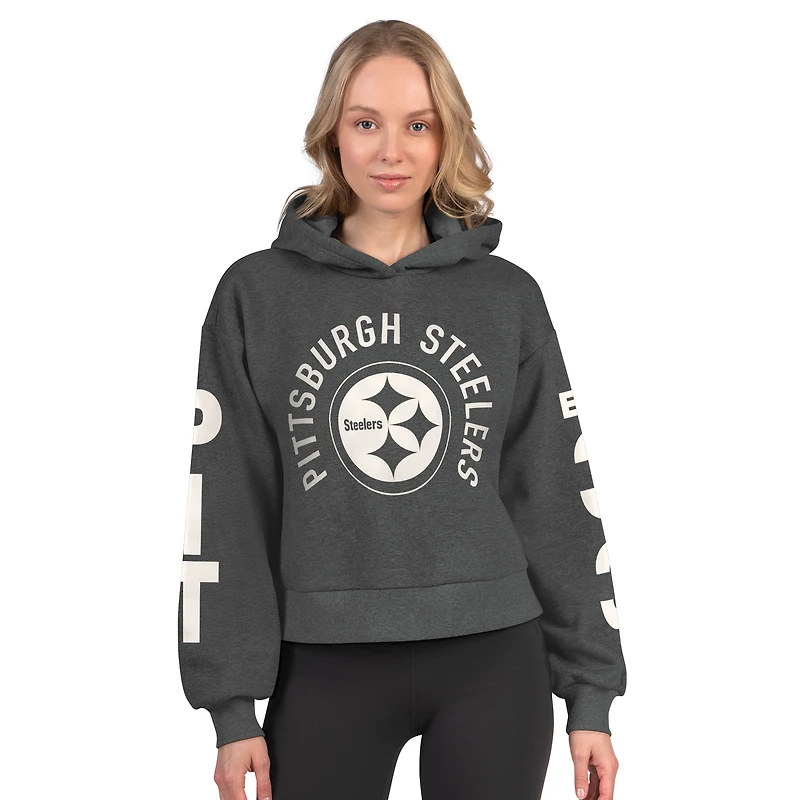 Women's Starter  Heather Charcoal Pittsburgh Steelers Star Player Cropped Fleece Pullover Hoodie