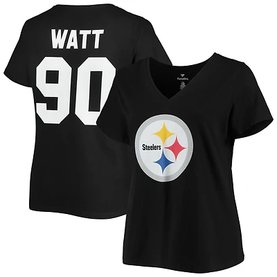 T.J. pour femme Watt Black Pittsburgh Steelers T-shirt à col en V de grande taille avec nom et numéro Fair Catch