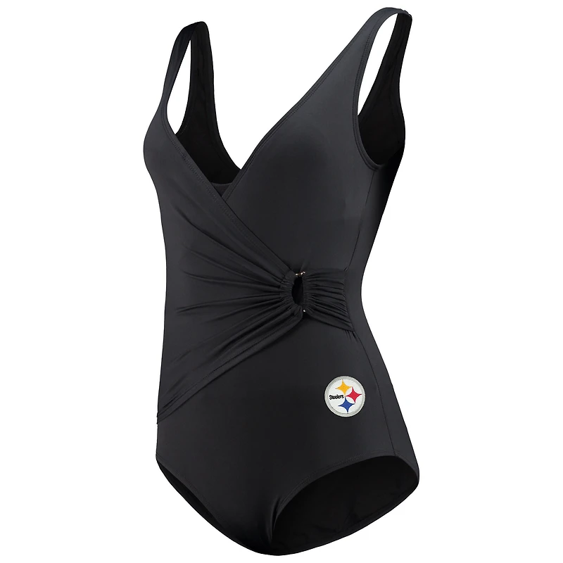 Women's Tommy Bahama Black Pittsburgh Steelers Pearl Clara Wrap One-Piece Swimsuit