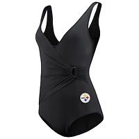 Women's Tommy Bahama Black Pittsburgh Steelers Pearl Clara Wrap One-Piece Swimsuit