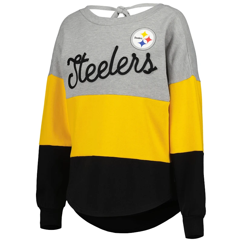 Women's Touch Heather Gray/Black Pittsburgh Steelers Outfield Deep V-Back Waist Length Pullover Sweatshirt