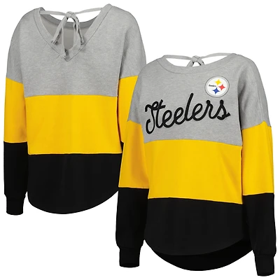Women's Touch Heather Gray/Black Pittsburgh Steelers Outfield Deep V-Back Waist Length Pullover Sweatshirt