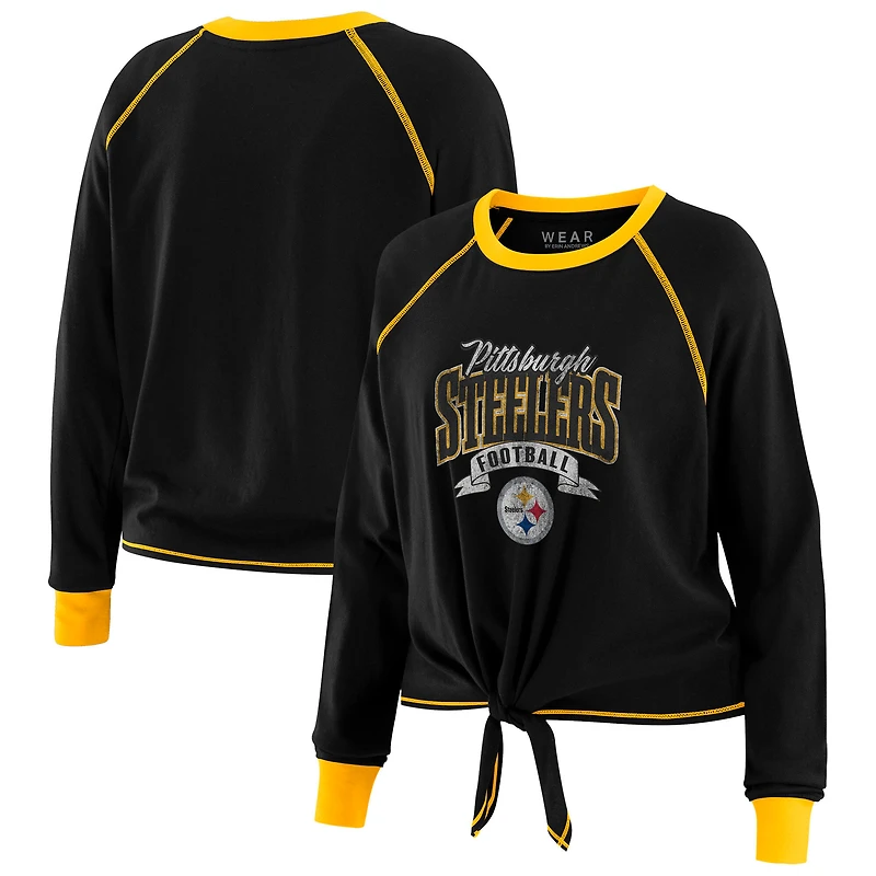 Haut à manches longues noué sur le devant noir/doré des Pittsburgh Steelers pour femme WEAR by Erin Andrews