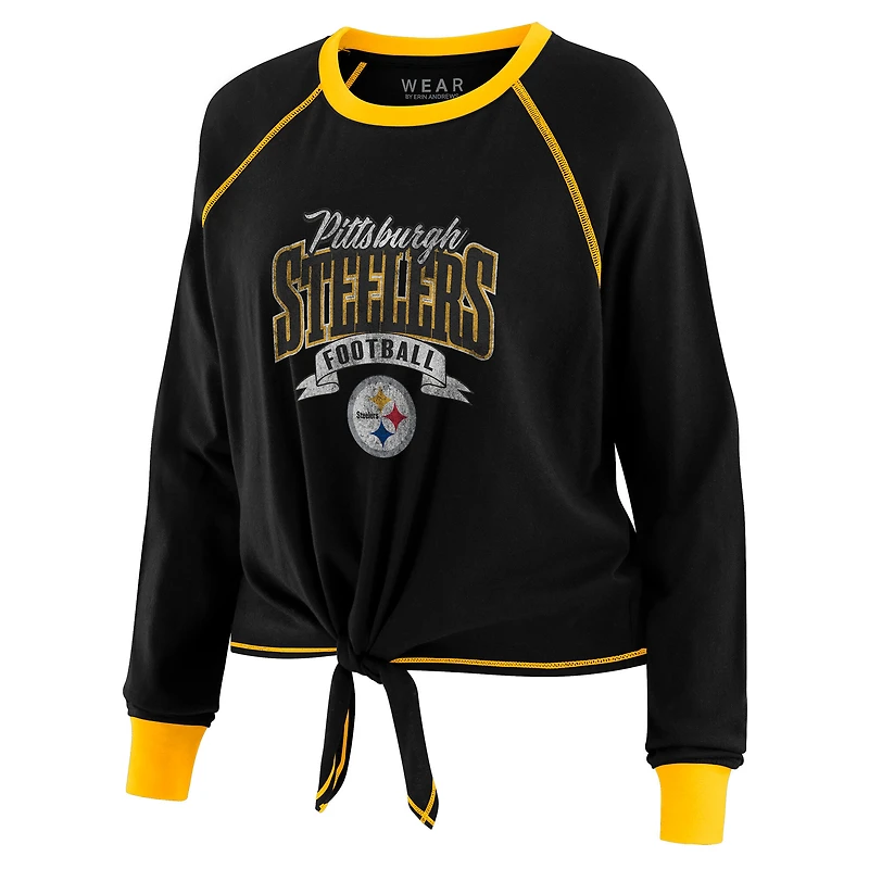 Women's WEAR by Erin Andrews Black/Gold Pittsburgh Steelers Tie-Front Long Sleeve Top