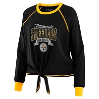 Women's WEAR by Erin Andrews Black/Gold Pittsburgh Steelers Tie-Front Long Sleeve Top