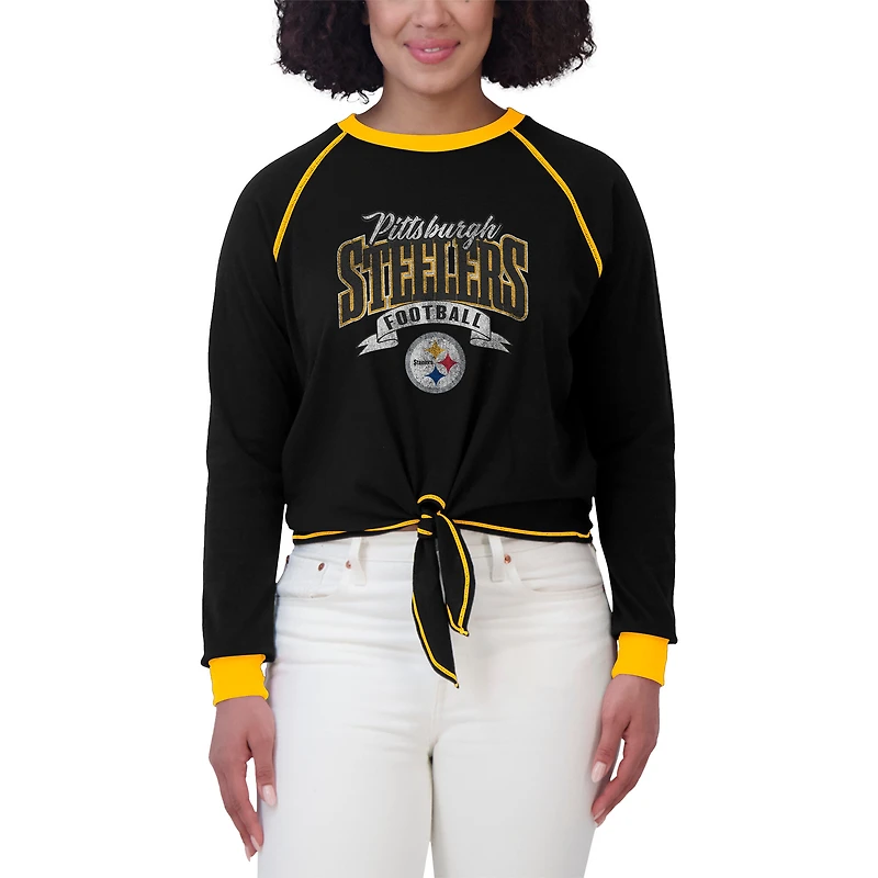 Haut à manches longues noué sur le devant noir/doré des Pittsburgh Steelers pour femme WEAR by Erin Andrews