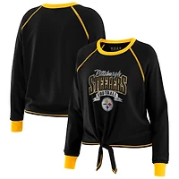 Haut à manches longues noué sur le devant noir/doré des Pittsburgh Steelers pour femme WEAR by Erin Andrews