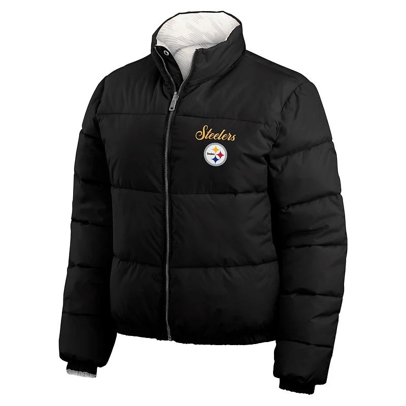 Women's WEAR by Erin Andrews  Black/White Pittsburgh Steelers Reversible Cropped Full-Zip Puffer Jacket
