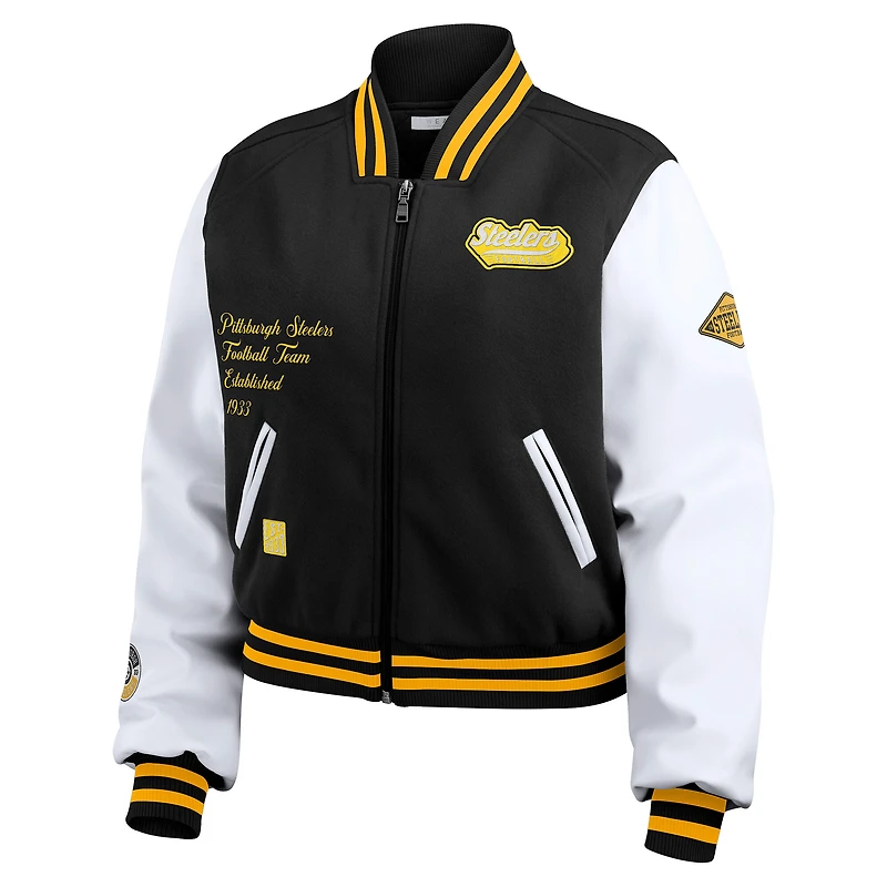 Women's WEAR by Erin Andrews  Black/White Pittsburgh Steelers Varsity Full-Zip Jacket