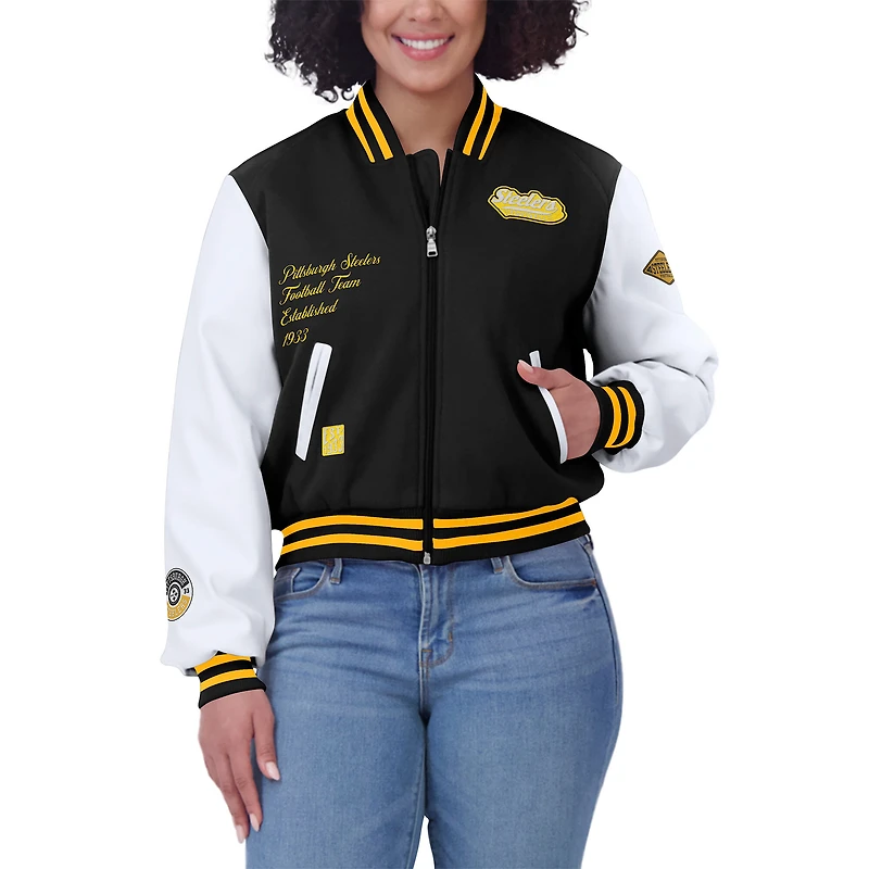 Women's WEAR by Erin Andrews  Black/White Pittsburgh Steelers Varsity Full-Zip Jacket