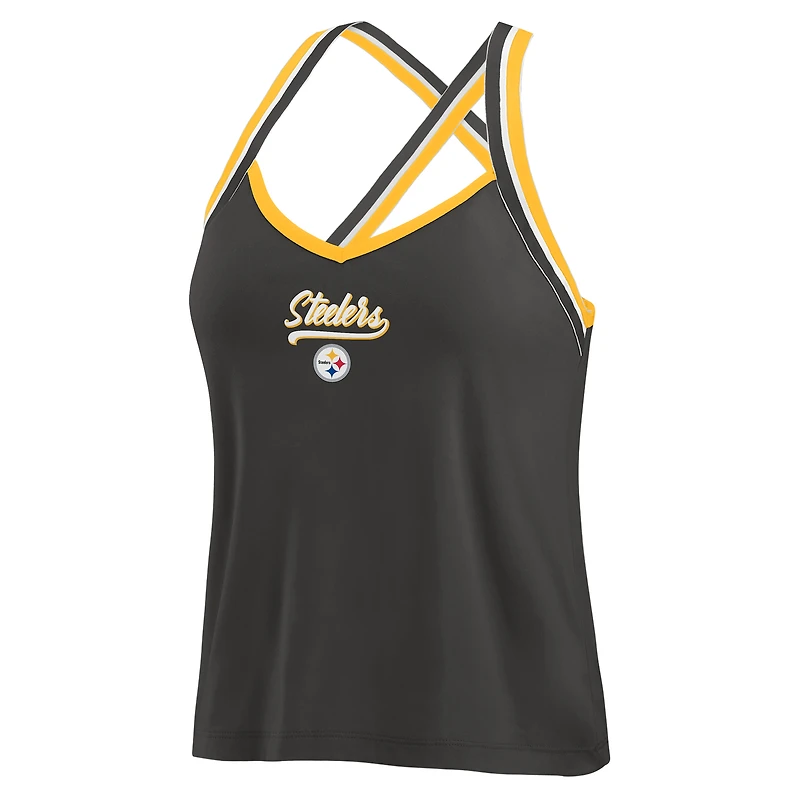 Women's WEAR by Erin Andrews Black Pittsburgh Steelers Cross Strap Tri-Blend Tank Top