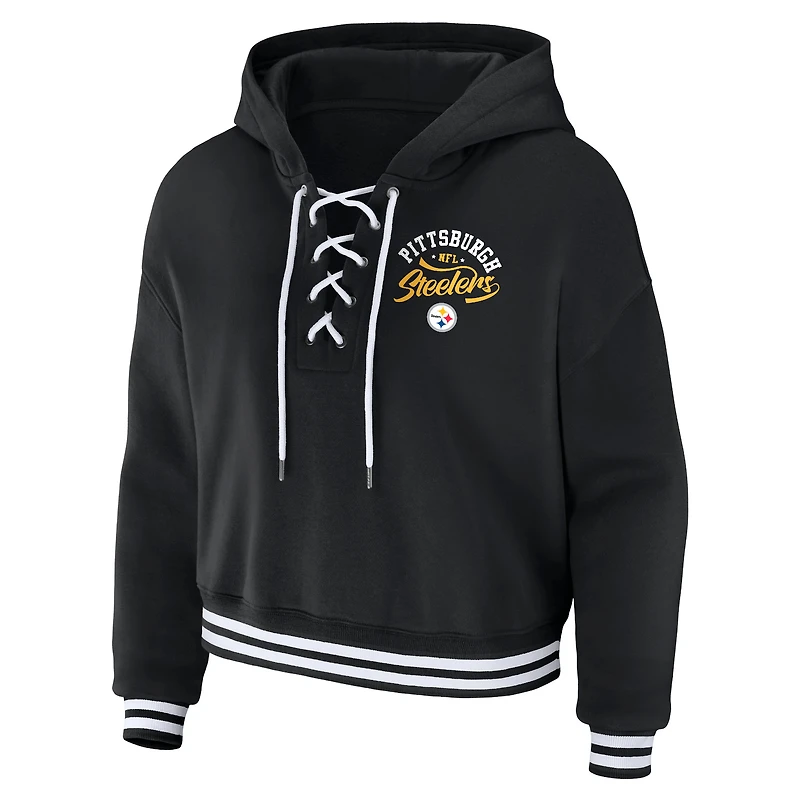 Women's WEAR by Erin Andrews Black Pittsburgh Steelers Lace-Up Pullover Hoodie