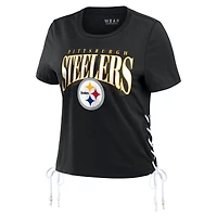 T-shirt court à lacets sur le côté noir pour femme WEAR by Erin Andrews des Pittsburgh Steelers