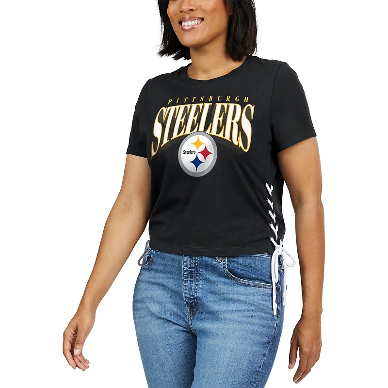 Women's WEAR by Erin Andrews Black Pittsburgh Steelers Lace Up Side Modest Cropped T-Shirt