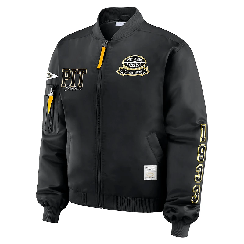 Women's WEAR by Erin Andrews Black Pittsburgh Steelers Patch Full-Zip Bomber Jacket