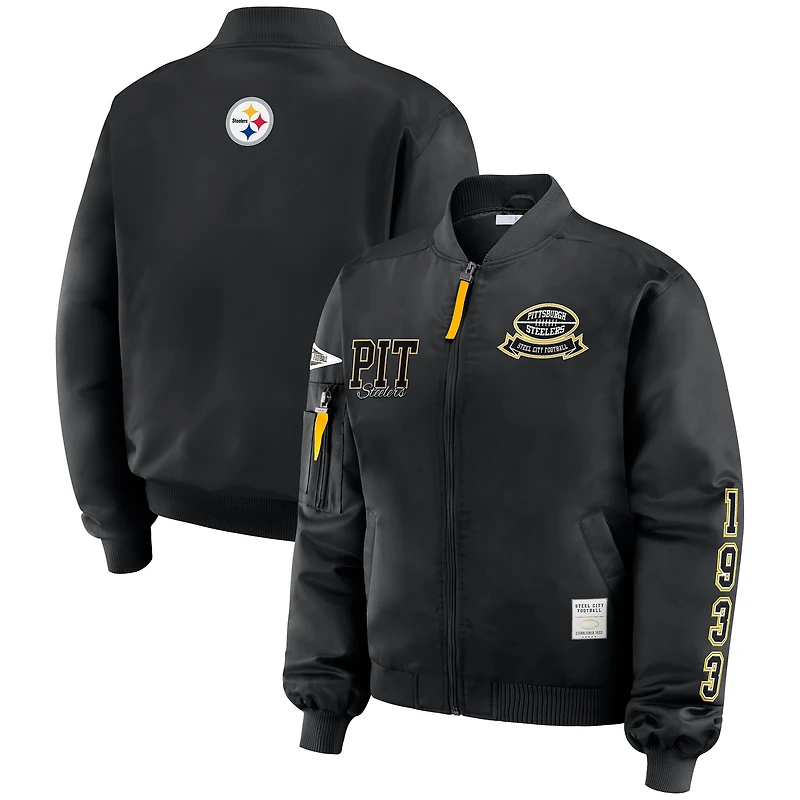 Veste bomber zippée noire à écusson des Steelers de Pittsburgh, collection femme WEAR by Erin Andrews