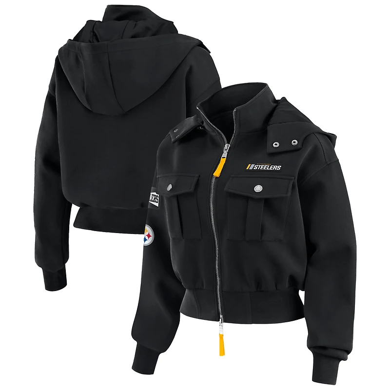 Women's WEAR by Erin Andrews  Black Pittsburgh Steelers Patch Pocket Cropped Full-Zip Bomber Jacket