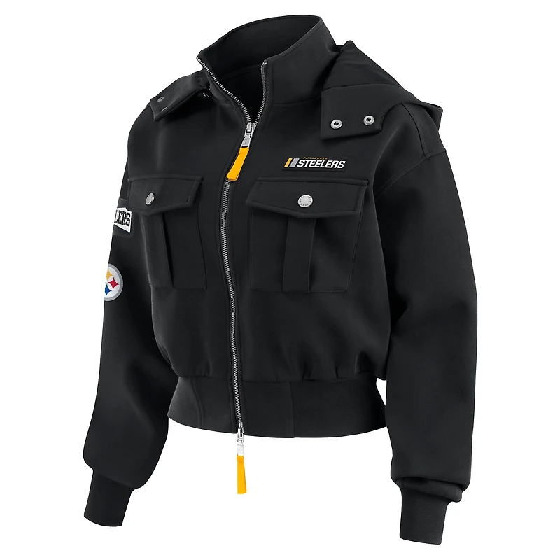 Women's WEAR by Erin Andrews  Black Pittsburgh Steelers Patch Pocket Cropped Full-Zip Bomber Jacket