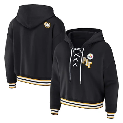 Women's WEAR by Erin Andrews Black Pittsburgh Steelers Plus Lace-Up Pullover Hoodie