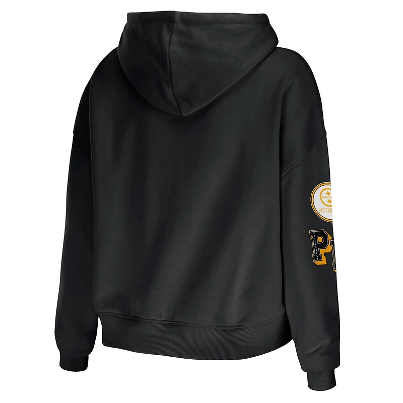 Women's WEAR by Erin Andrews Black Pittsburgh Steelers Plus Modest Cropped Pullover Hoodie