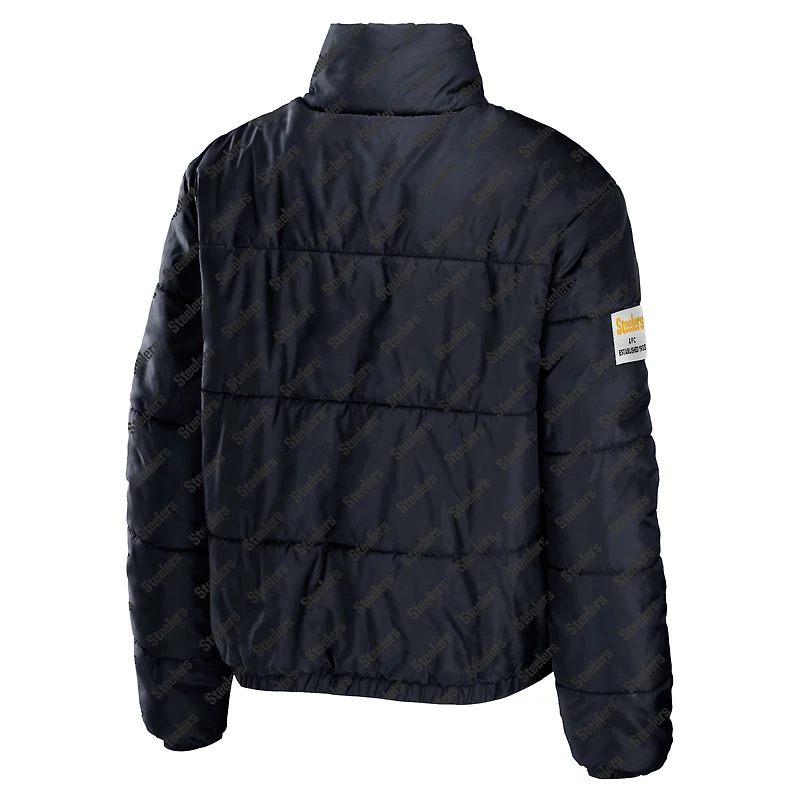 Women's WEAR by Erin Andrews Black Pittsburgh Steelers Puffer Full-Zip Cropped Jacket