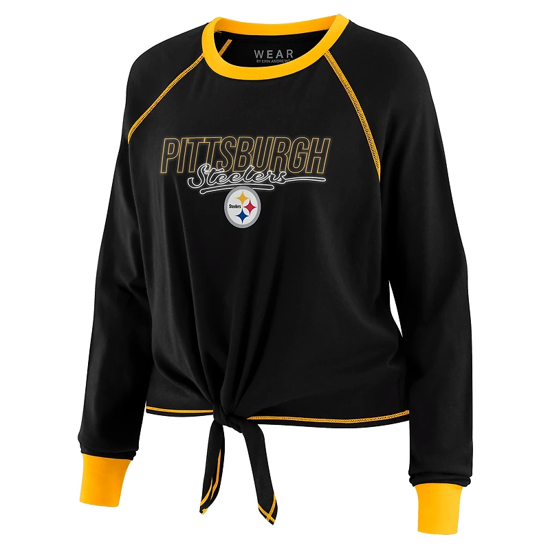 T-shirt à manches longues et nouer sur le devant pour femme WEAR by Erin Andrews, noir, des Steelers de Pittsburgh