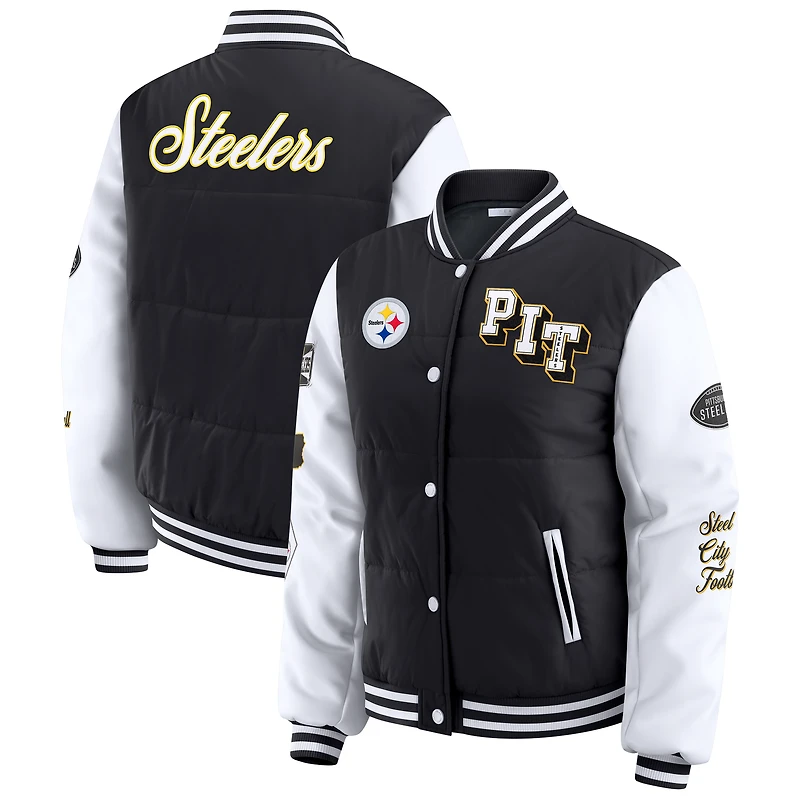 Women's WEAR by Erin Andrews Black Pittsburgh Steelers Varsity Full-Snap Puffer Jacket