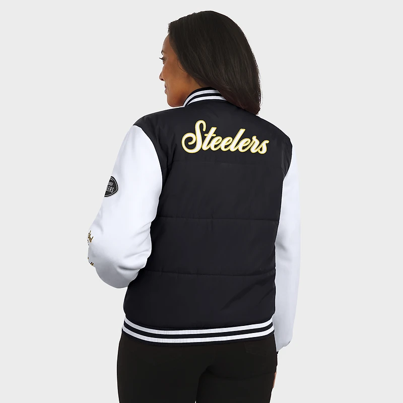 Women's WEAR by Erin Andrews Black Pittsburgh Steelers Varsity Full-Snap Puffer Jacket