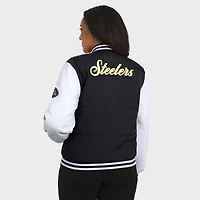 Women's WEAR by Erin Andrews Black Pittsburgh Steelers Varsity Full-Snap Puffer Jacket