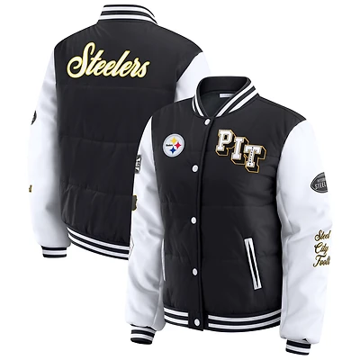Women's WEAR by Erin Andrews Black Pittsburgh Steelers Varsity Full-Snap Puffer Jacket