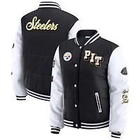 Women's WEAR by Erin Andrews Black Pittsburgh Steelers Varsity Full-Snap Puffer Jacket
